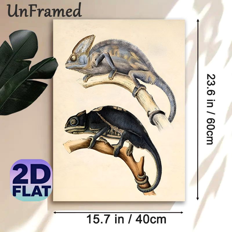Chameleon Themed Painting Poster, Vintage Scientific Illustration Poster, Detailed Depiction Of Chameleons Perched On Branches, Ideal For Home, Study_maomaolike.com