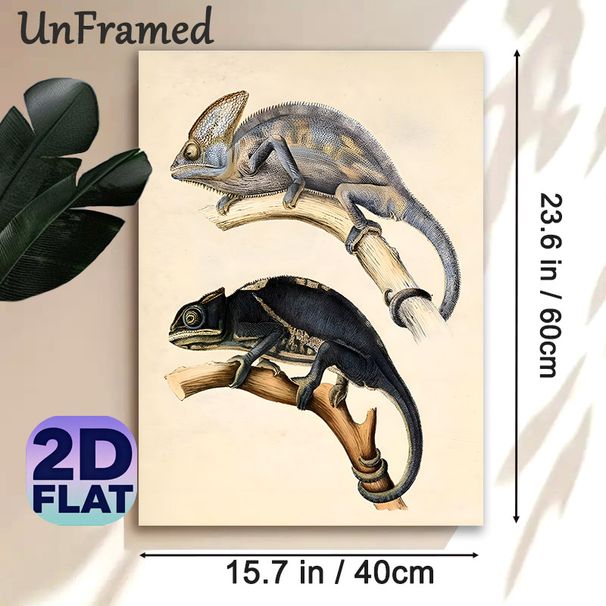 Chameleon Themed Painting Poster, Vintage Scientific Illustration Poster, Detailed Depiction Of Chameleons Perched On Branches, Ideal For Home, Study_maomaolike.com