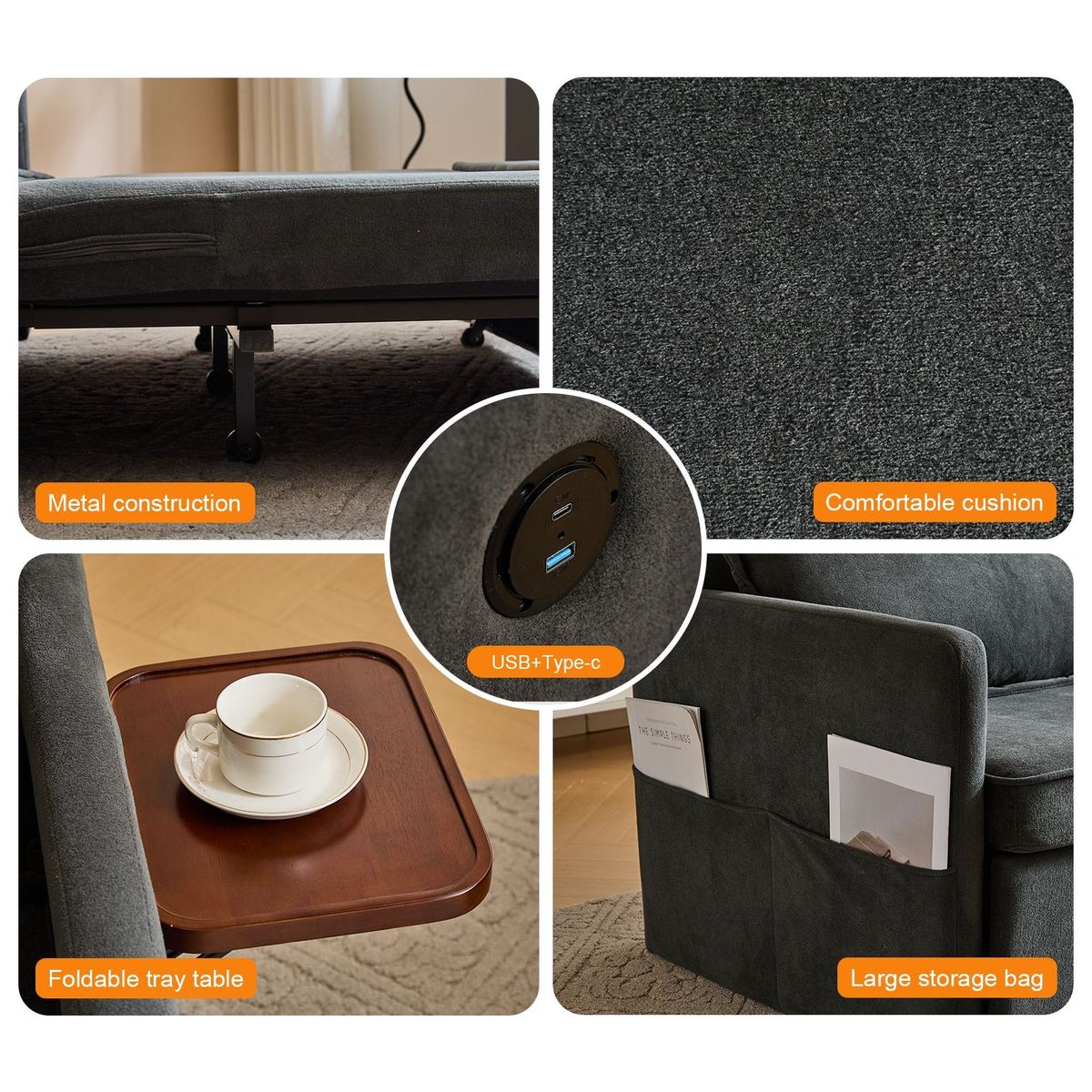 Adult Sleeper Chair Bed, 3-in-1 Convertible Sofa Chair Bed Pull-out Sofa Bed, Convenient Folding Tray Table With USB And Type-C Charging Ports Modern Loveseat For Living Room,DARK-GREY,Fabric_maomaolike.com