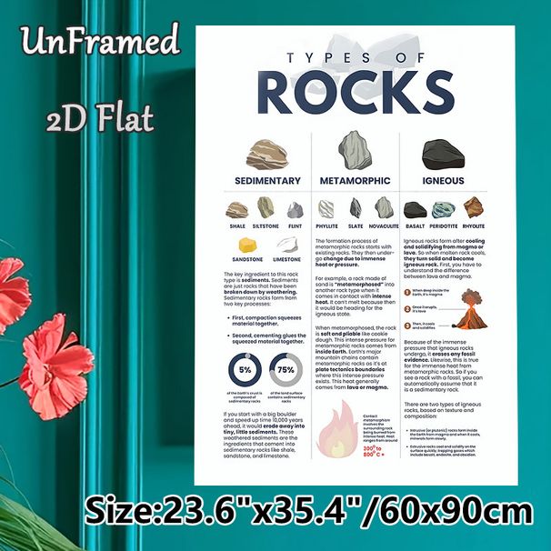 Types Of Rocks Educational Painting Poster, Clear Illustrated Infographic Style Poster, Informative Geological Learning Reference For Classroom, Home_maomaolike.com