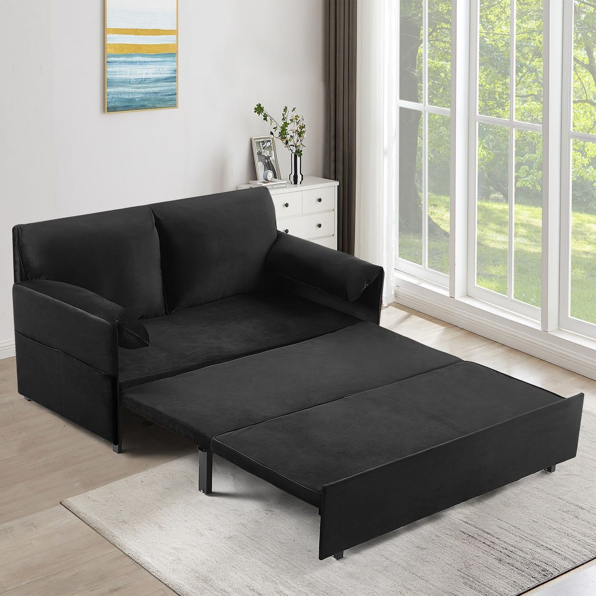 63inch Variable Sofa Bed With Double Armrest,
Black Velvet Fabric Sofa Bed,
Pull-down 80inch Comfortable Large Bed_maomaolike.com