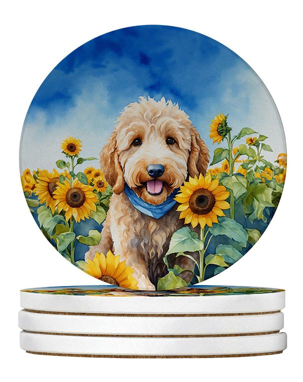 Goldendoodle In Sunflowers Large Sandstone Coasters Pack Of 4 Absorbent Round Coasters Decor Gifts For Men Or Women, 4 In, Multicolor_maomaolike.com