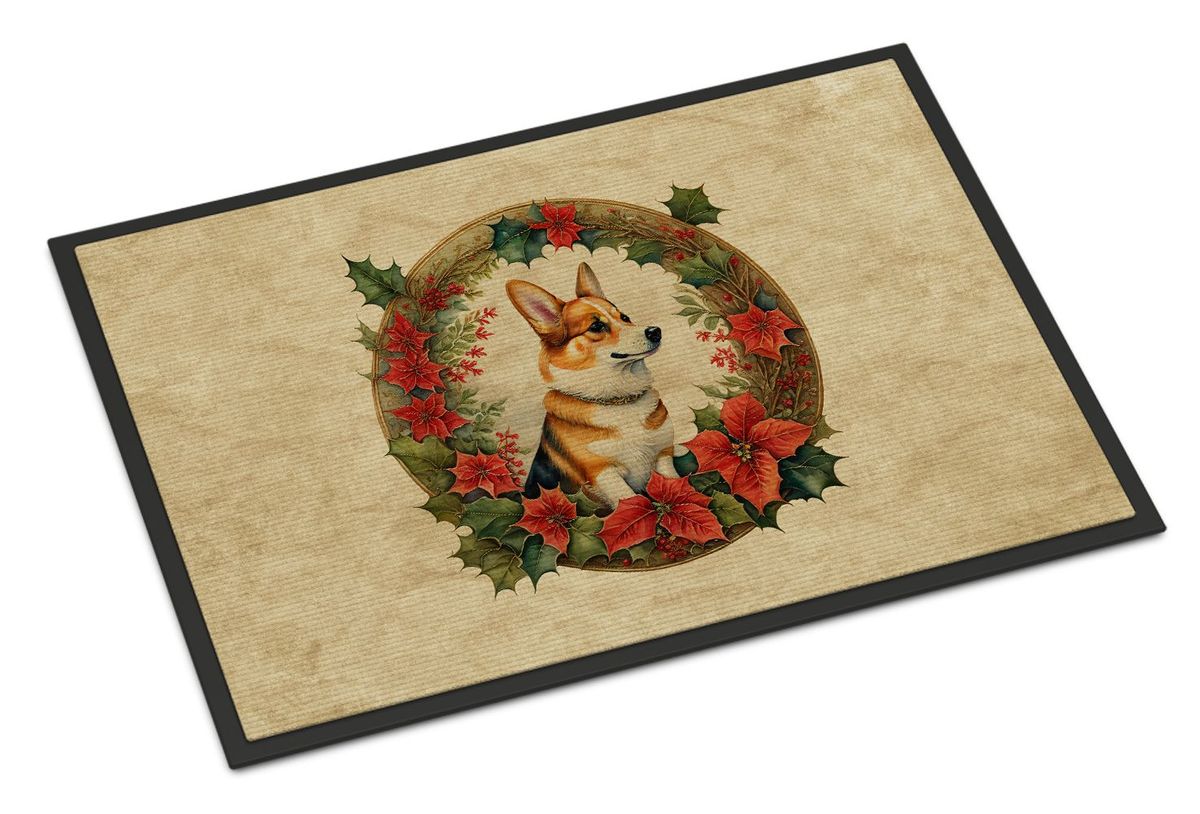 Corgi Christmas Flowers Doormat Front Door Mat Indoor Outdoor Rugs For Entryway, Non Slip Washable Low Pile, 24H X 36W_maomaolike.com