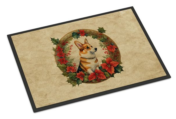 Corgi Christmas Flowers Doormat Front Door Mat Indoor Outdoor Rugs For Entryway, Non Slip Washable Low Pile, 24H X 36W_maomaolike.com