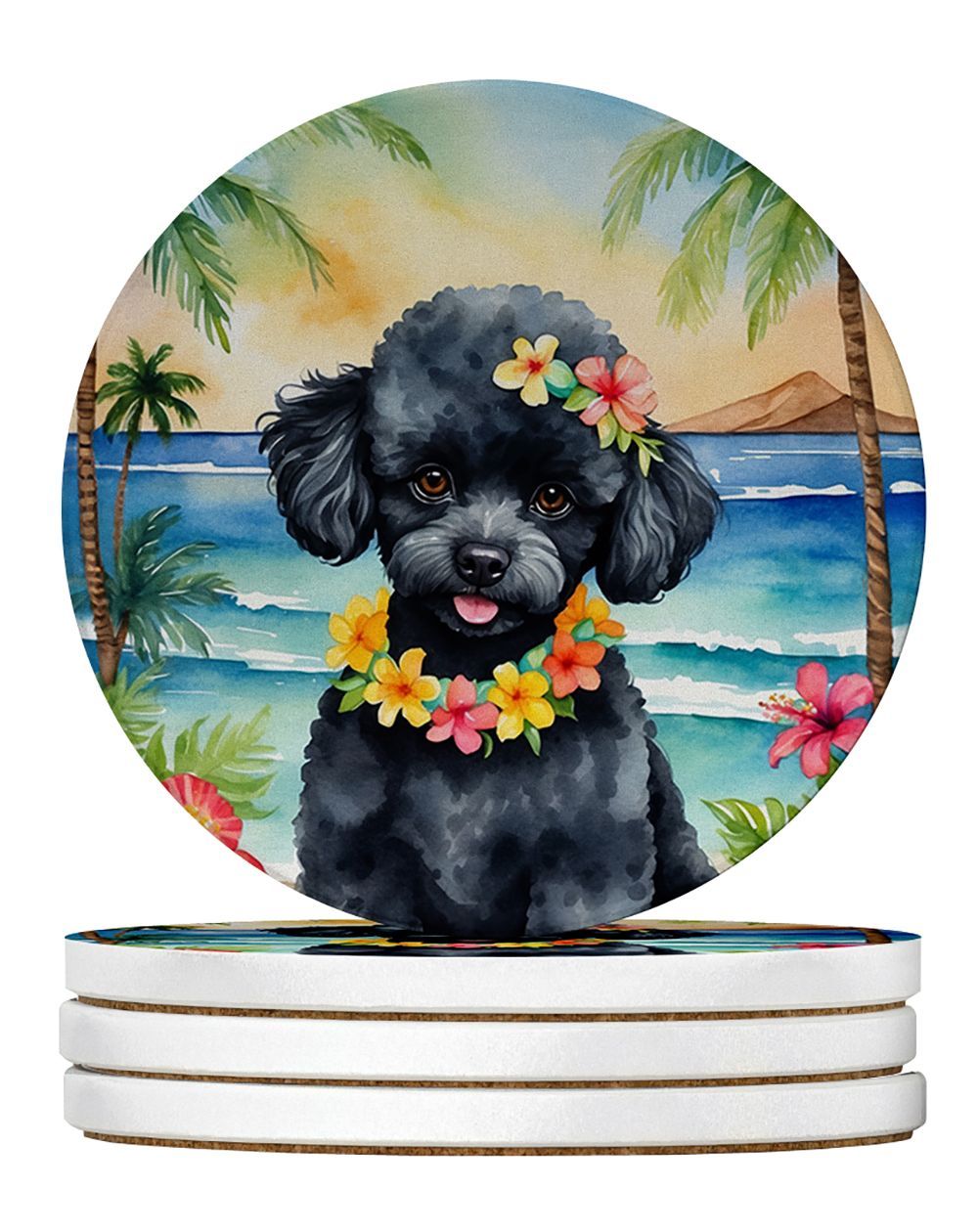 Black Poodle Luau Large Sandstone Coasters Pack Of 4 Absorbent Round Coasters Decor Gifts For Men Or Women, 4 In, Multicolor_maomaolike.com