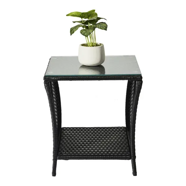 Outdoor Patio Wicker Side Table, Square End Table Bistro Coffee Table With Glass Top Storage Shelf For Porch Garden Backyard Black(SAME AS 70525212 )_maomaolike.com