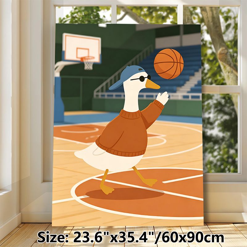 Basketball Duck Painting Poster, Cute Cartoon Style Poster, Vibrant Playful Design With A Cool Duck Playing Basketball On Court, Ideal For Game Room_maomaolike.com