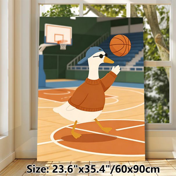 Basketball Duck Painting Poster, Cute Cartoon Style Poster, Vibrant Playful Design With A Cool Duck Playing Basketball On Court, Ideal For Game Room_maomaolike.com