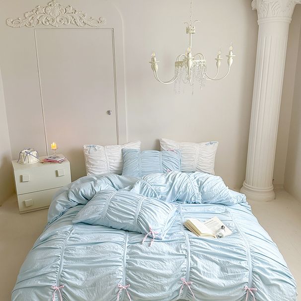 Wholesale INS Korean Skin-Friendly Soft Solid Color Washed Cotton Four-Piece Princess Style Ruched Bubble Bow 4-Piece Set_maomaolike.com