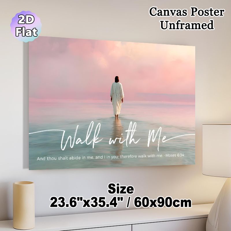 Religious "Walk With Me" Scripture Painting Poster, Serene Pastel Seascape With Robed Figure Poster, Inspirational Biblical Quote Decor Ideal For_maomaolike.com