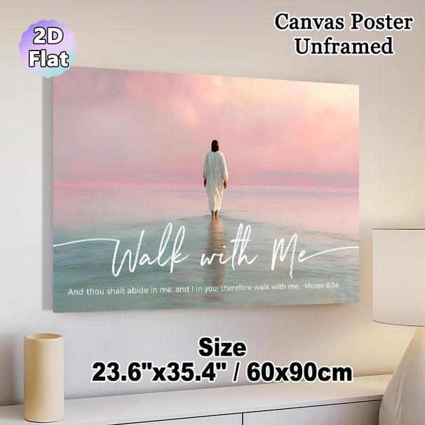 Religious "Walk With Me" Scripture Painting Poster, Serene Pastel Seascape With Robed Figure Poster, Inspirational Biblical Quote Decor Ideal For_maomaolike.com