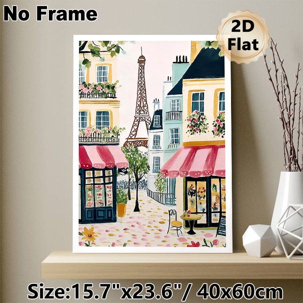 Parisian Street With Eiffel Tower Painting Poster, Pastel-toned Whimsical Hand-painted Scene Poster, Adds Warm Romantic Ambiance Suitable For Living_maomaolike.com