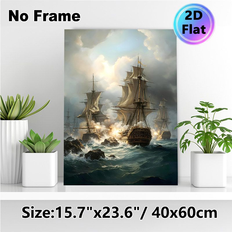 Naval Battle Painting Poster, Dramatic Realistic Vintage Warships Combat Scene Poster, Captivating Historical Nautical Decor For Home Office, Living_maomaolike.com