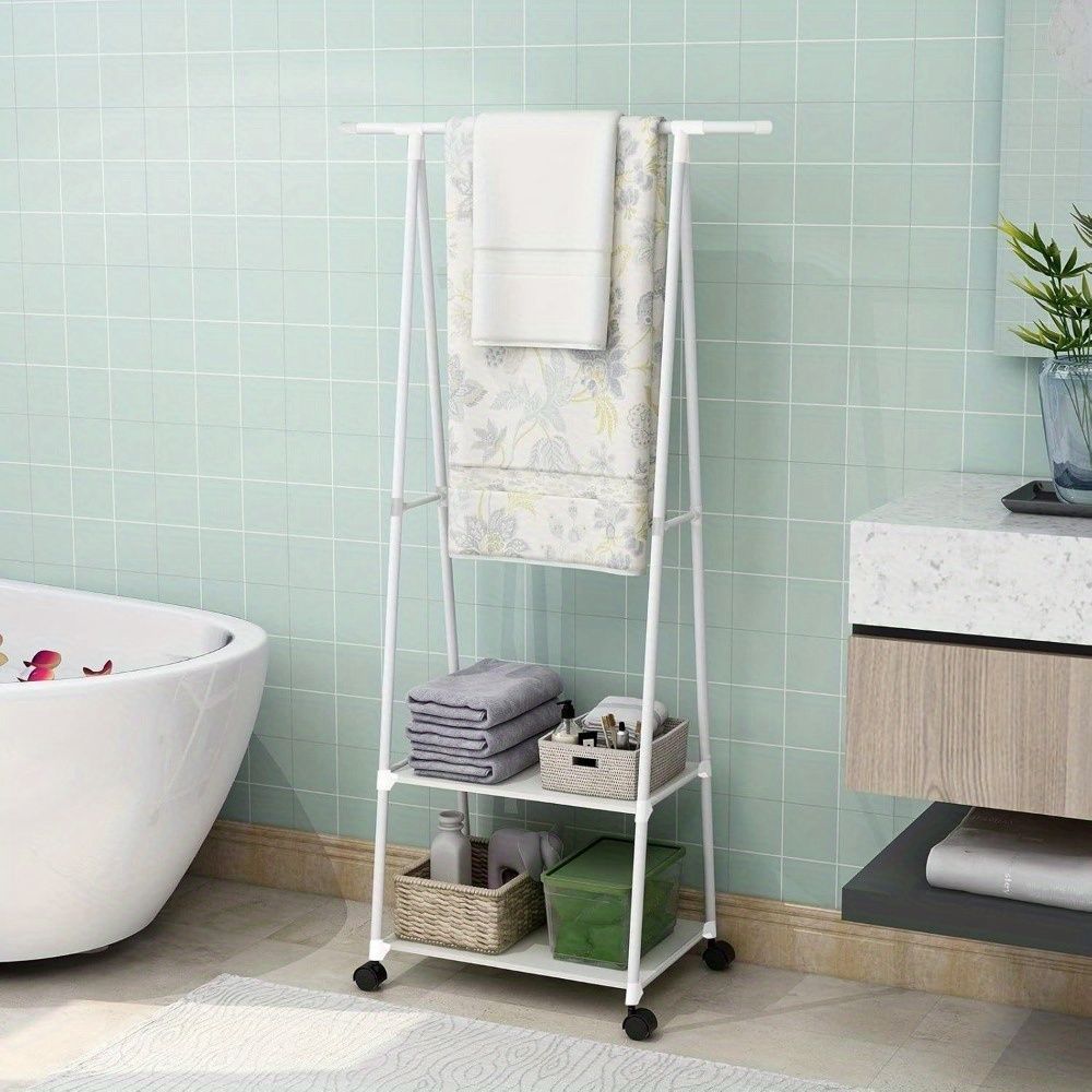Stainless Steel Rolling Garment Rack With 2-Tier Shelves And 2 Hooks, Portable Metal And Plastic Clothes Organizer, Multipurpose Home Office Clothing Rack With Wheels_maomaolike.com