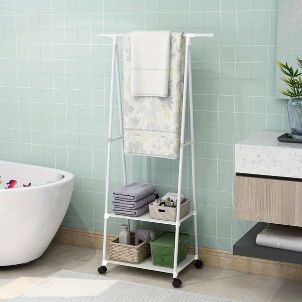 Stainless Steel Rolling Garment Rack With 2-Tier Shelves And 2 Hooks, Portable Metal And Plastic Clothes Organizer, Multipurpose Home Office Clothing Rack With Wheels_maomaolike.com