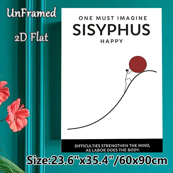 Sisyphus Themed Motivational Painting Poster, Minimalist Line Art Poster With Stick Figure & Red Boulder, Inspirational Quote Decor For Home Office_maomaolike.com