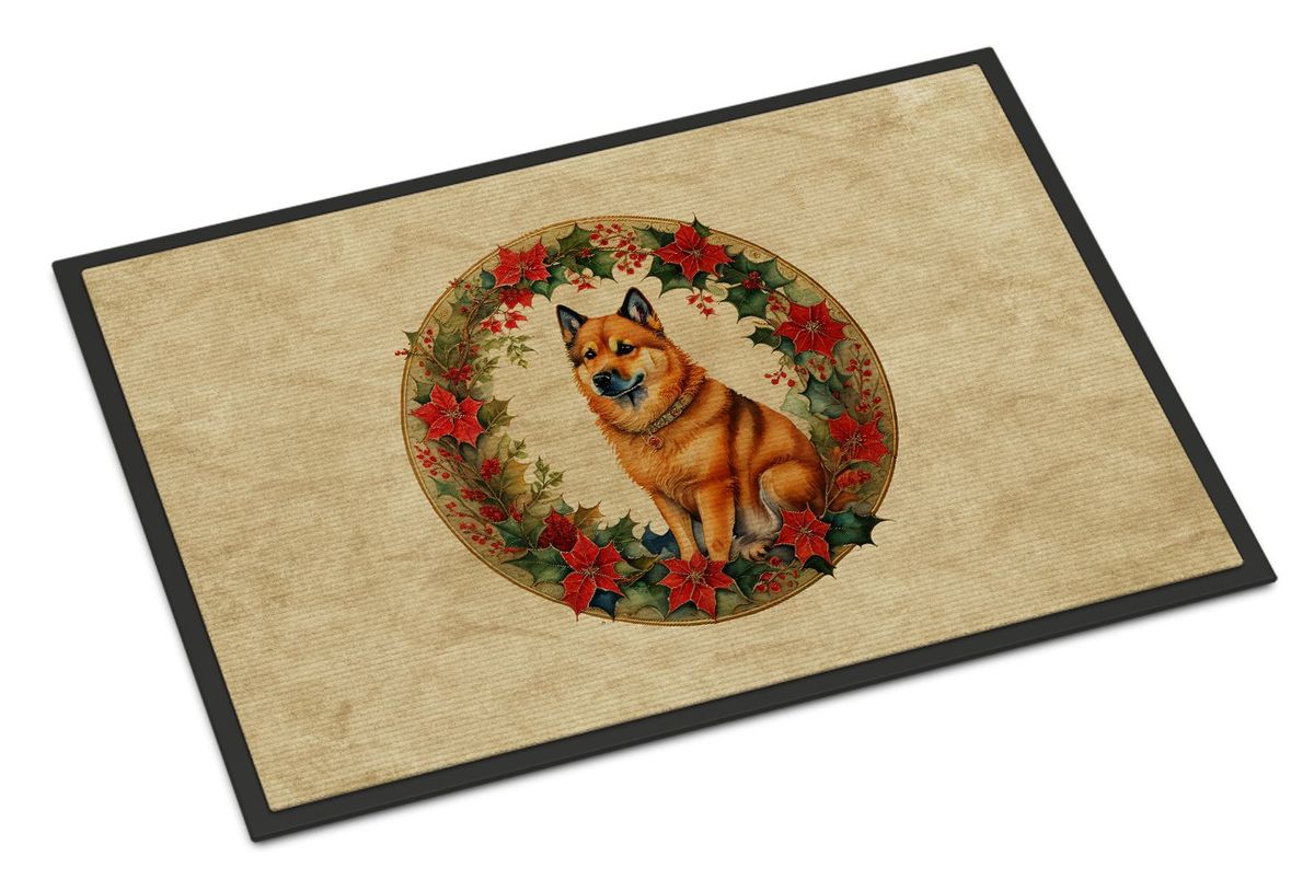 Finnish Spitz Christmas Flowers Doormat Front Door Mat Indoor Outdoor Rugs For Entryway, Non Slip Washable Low Pile, 24H X 36W_maomaolike.com