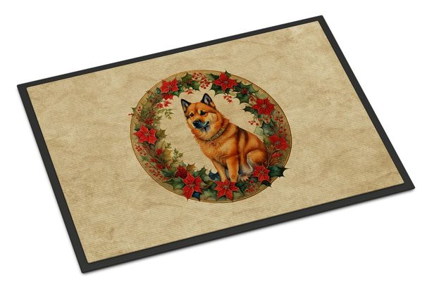 Finnish Spitz Christmas Flowers Doormat Front Door Mat Indoor Outdoor Rugs For Entryway, Non Slip Washable Low Pile, 24H X 36W_maomaolike.com