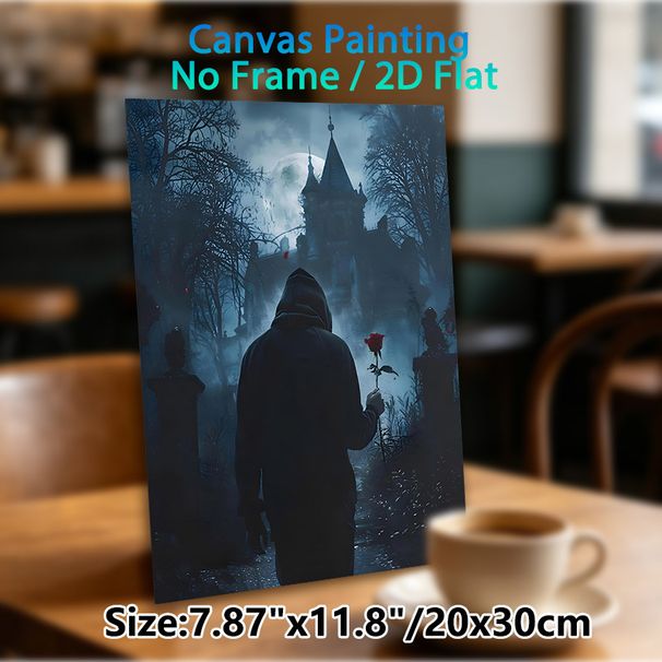 Gothic Hooded Figure With Rose Painting Poster, Mysterious Dark-toned Poster, Hooded Figure Holding Red Rose Before Moonlit Spooky Castle, Eerie_maomaolike.com