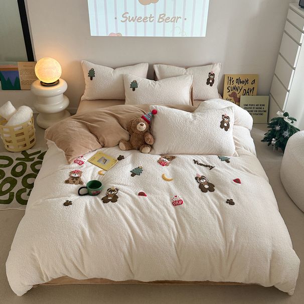Cartoon Cute Thickened Coral Milk Velvet Bedding Four-Piece Set With Fleece Flannel Duvet Cover Sheet Bed Skirt_maomaolike.com