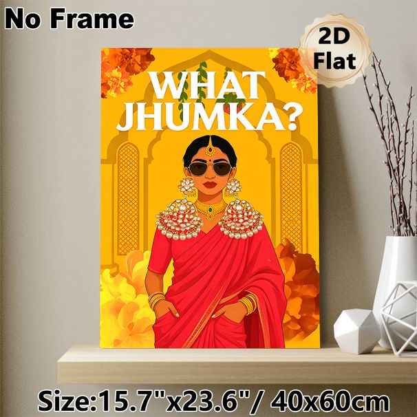 Indian Jhumka Themed Painting Poster, Bold Vibrant Cartoon Style Poster, Stylish Figure In Red Sari With Ornate Jhumkas, Warm Marigold & Arch_maomaolike.com