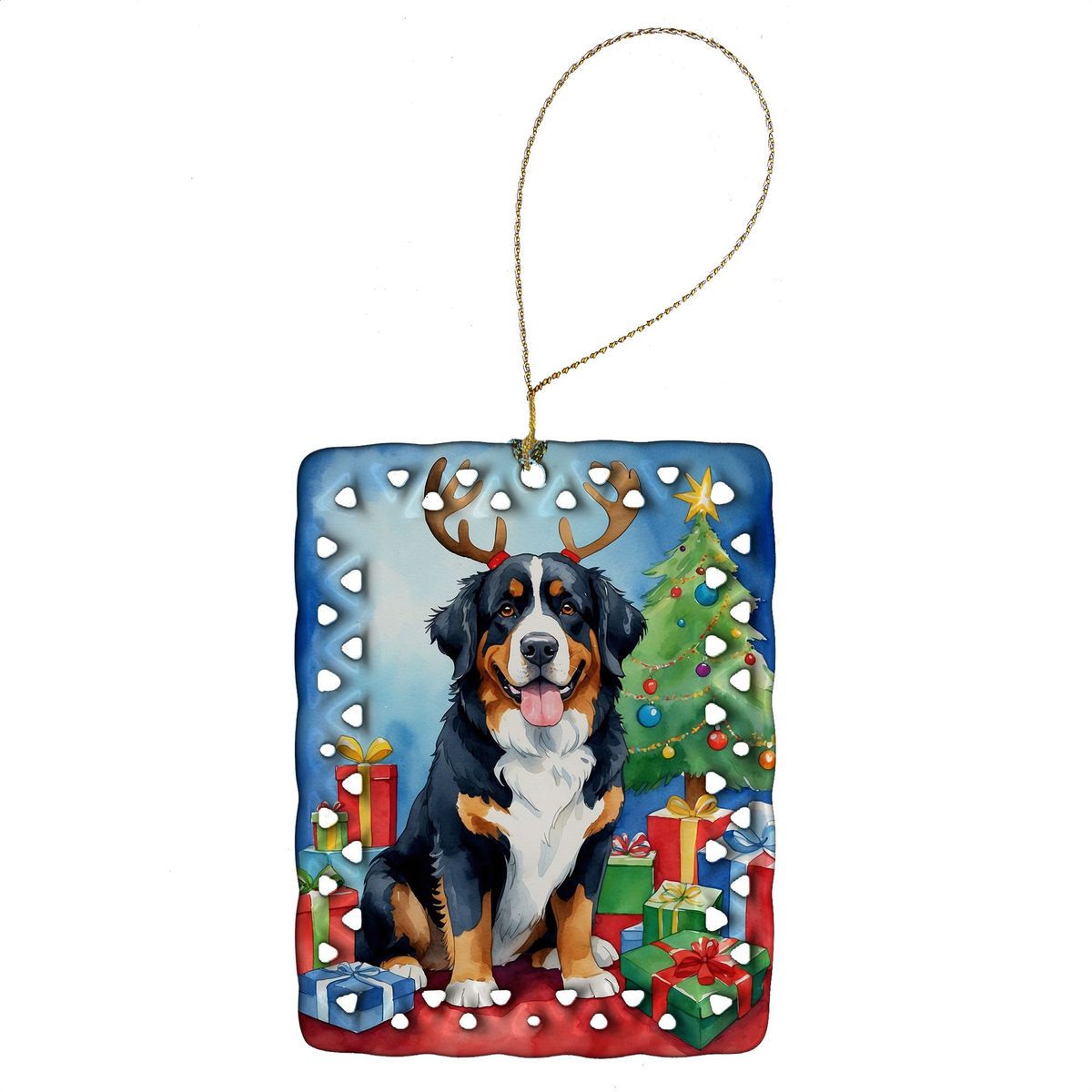 Bernese Mountain Dog Christmas Reindeer Porcelain Ornament Christmas Tree Hanging Decorations For Home Christmas Holiday, Rectangle, Gift, Multicolor_maomaolike.com