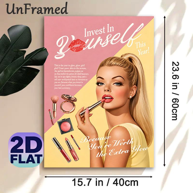 Self-Care Beauty Painting Poster, Vibrant Retro Glam Poster, Stylized Lady Applying Lipstick With Makeup Items & Uplifting Self-care Quote, Ideal For_maomaolike.com