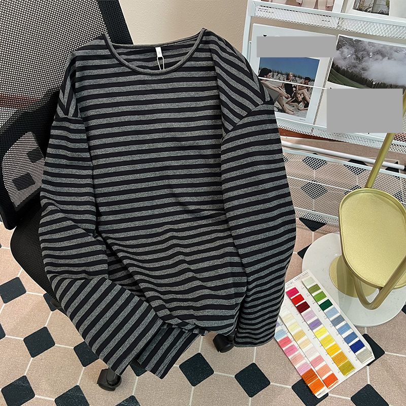 Women's Clothing shirt striped spring and autumn thin long sleeved T shirt women's medium long round neck loose large size women's clothing_maomaolike.com