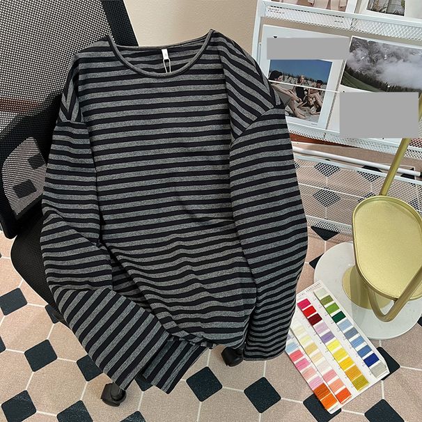 Women's Clothing shirt striped spring and autumn thin long sleeved T shirt women's medium long round neck loose large size women's clothing_maomaolike.com