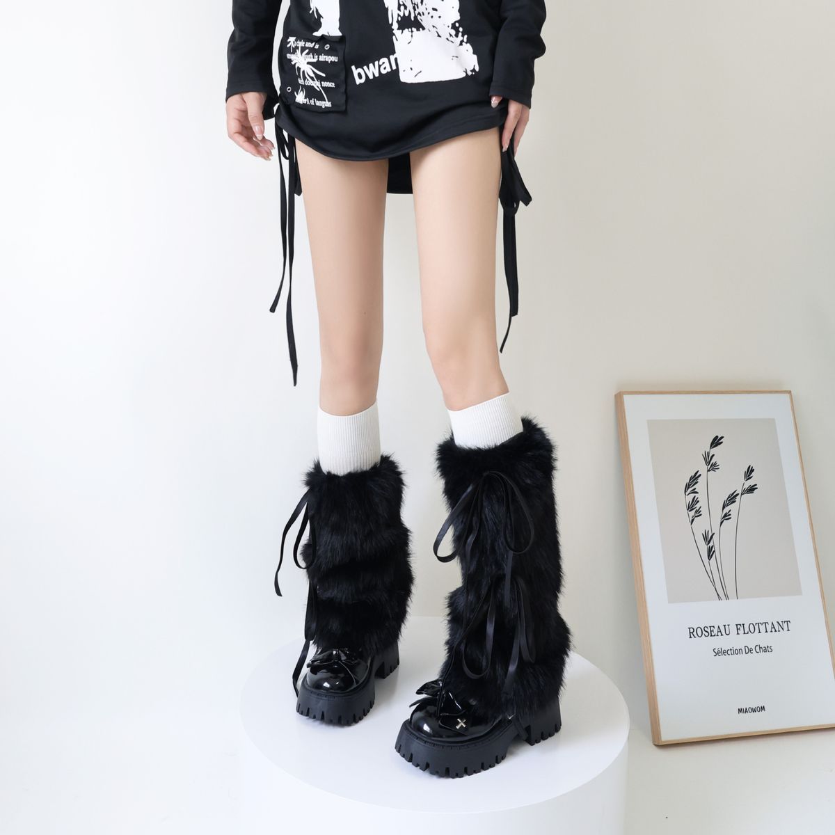 Autumn/Winter thickened fluffy bow strap leg set mid-tube y2k Spice Girl warmers_maomaolike.com