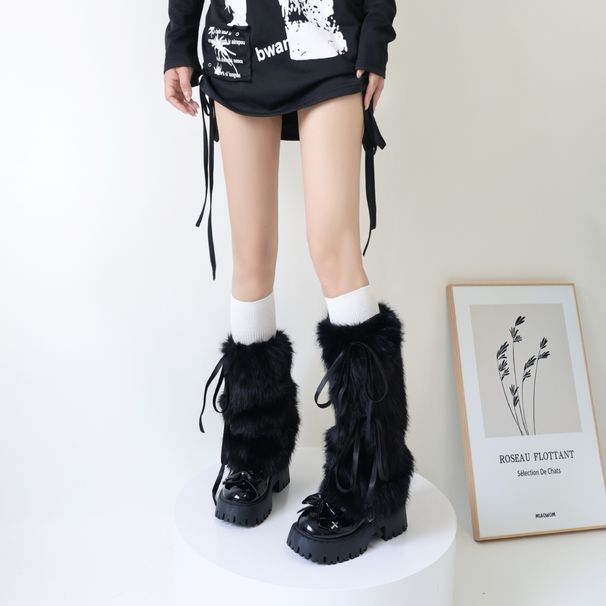 Autumn/Winter thickened fluffy bow strap leg set mid-tube y2k Spice Girl warmers_maomaolike.com