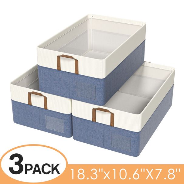 Clothes Organizer,3 Pack Large Wardrobe Storage Basket, Foldable Fabric Drawer Organizer Storage Bin With Dual Handles Boxes Transparent Label_maomaolike.com
