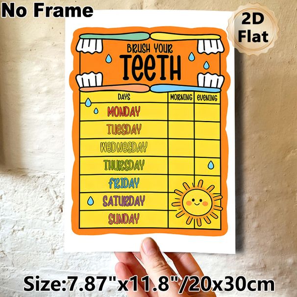 Teeth Brushing Chart Painting Poster, Vibrant Cartoon-style Poster, Weekly Oral Care Tracker To Develop Consistent Brushing Habits, Ideal For Bathroom_maomaolike.com