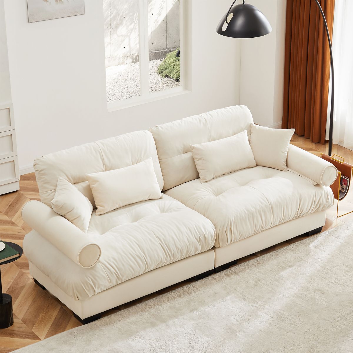 Large Size Modern Two-seater Sofa With Bolstered Armrests,Velvet 2-Seater Sofa With Waist Pillows And Throw Pillows , Suitable For Living Room , Loft, Working Spaces , Hallway And Bedroom,Cream_maomaolike.com