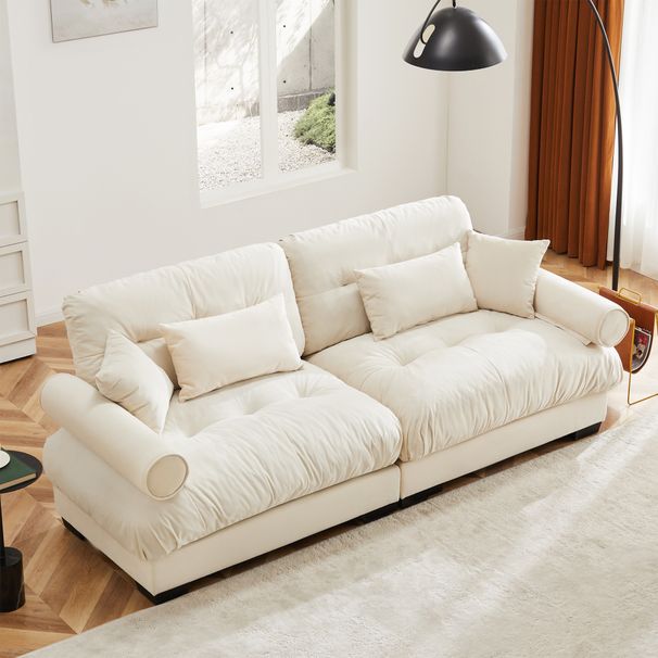 Large Size Modern Two-seater Sofa With Bolstered Armrests,Velvet 2-Seater Sofa With Waist Pillows And Throw Pillows , Suitable For Living Room , Loft, Working Spaces , Hallway And Bedroom,Cream_maomaolike.com