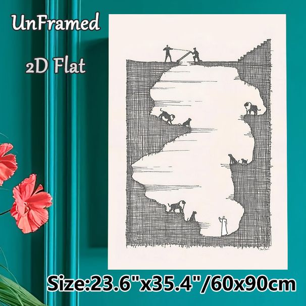 Human & Animal Canyon Scene Painting Poster, Minimalist Black-and-white Line Art Poster, Thought-provoking Symbolic Design, Ideal For Living Room_maomaolike.com