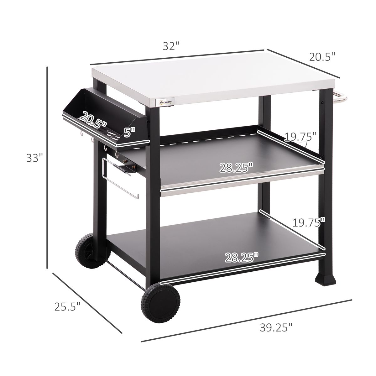 3-Shelf Outdoor Grill Cart Table With Side Handle, Stainless Steel Pizza Oven Stand On Wheels, Black_maomaolike.com