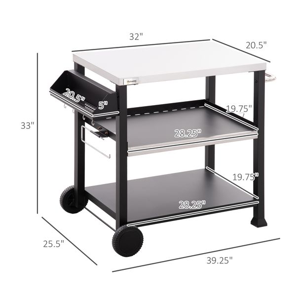 3-Shelf Outdoor Grill Cart Table With Side Handle, Stainless Steel Pizza Oven Stand On Wheels, Black_maomaolike.com