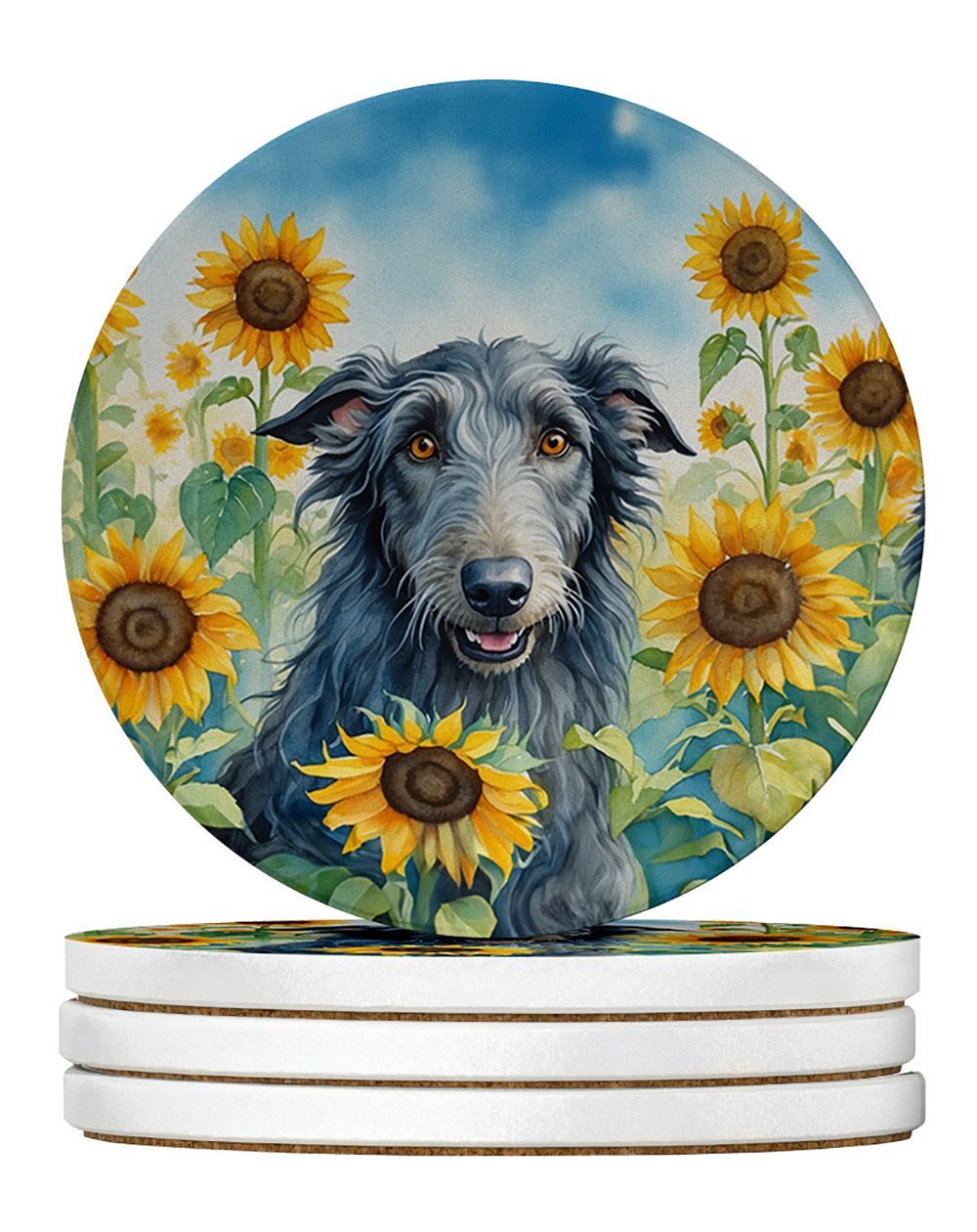 Scottish Deerhound In Sunflowers Large Sandstone Coasters Pack Of 4 Absorbent Round Coasters Decor Gifts For Men Or Women, 4 In, Multicolor_maomaolike.com