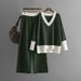 Women's Clothing autumn and winter new V neck contrast color knit sweater loose wide leg pants two piece suit_maomaolike.com
