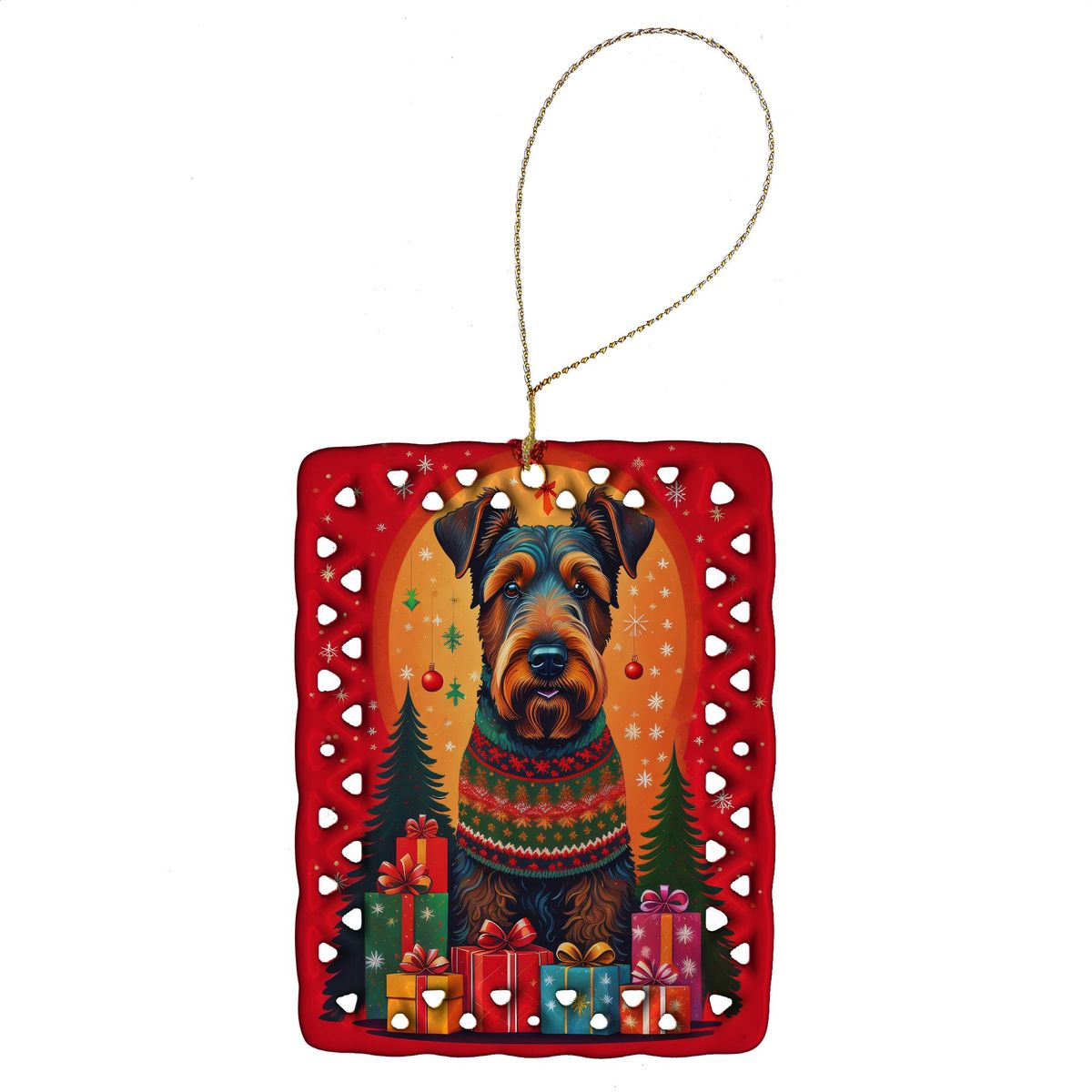 Airedale Terrier Holiday Christmas Porcelain Ornament Christmas Tree Hanging Decorations For Home Christmas Holiday, Rectangle, Gift, Multicolor_maomaolike.com