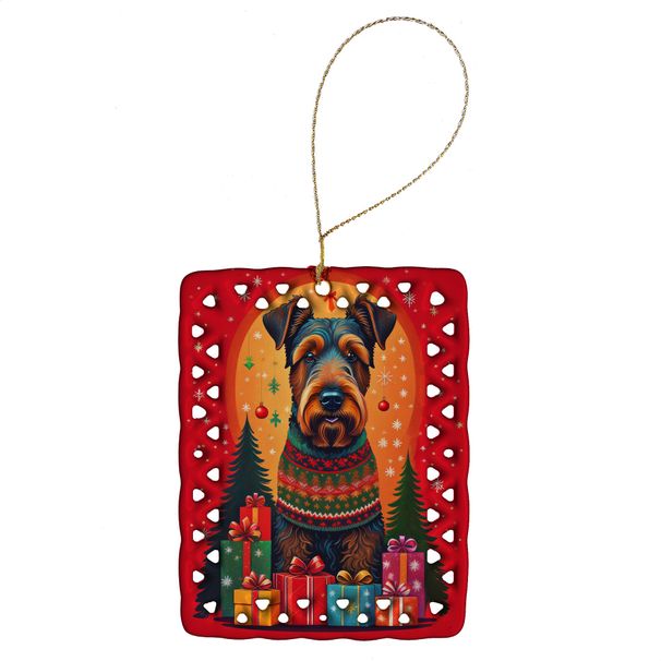 Airedale Terrier Holiday Christmas Porcelain Ornament Christmas Tree Hanging Decorations For Home Christmas Holiday, Rectangle, Gift, Multicolor_maomaolike.com