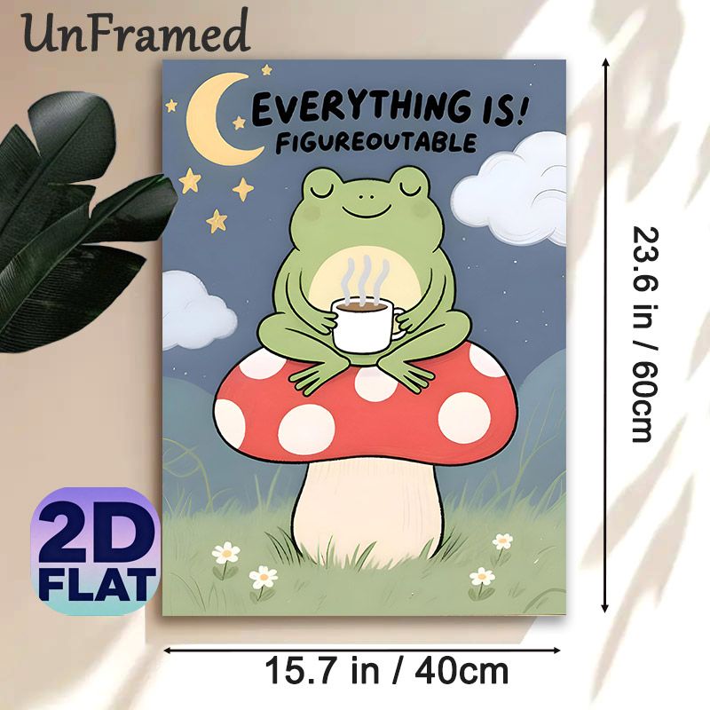 Inspirational Frog Painting Poster, Warm & Cute Cartoon Frog On Mushroom With Motivational Quote Night Scene Poster, Uplifting Wall Decor For Bedroom_maomaolike.com