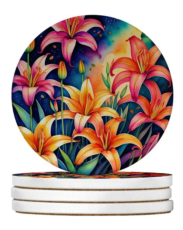 Colorful Lilies Large Sandstone Coasters Pack Of 4 Absorbent Round Coasters Decor Gifts For Men Or Women, 4 In, Multicolor_maomaolike.com
