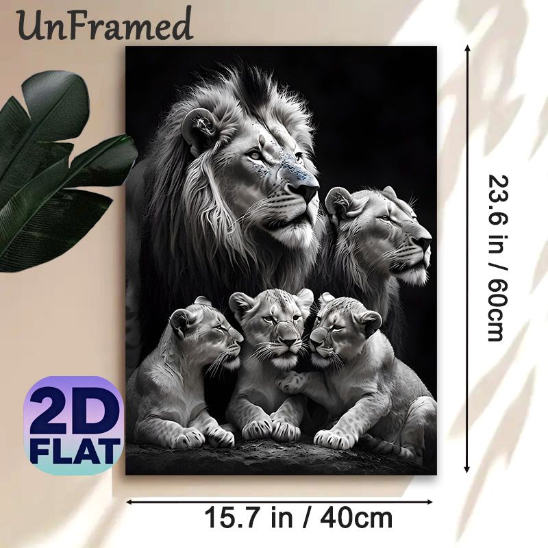 Lion Family Painting Poster, Monochrome Realistic Lion Group Portrait Poster, Warm Wild-themed Decor Ideal For Living Room, Office_maomaolike.com