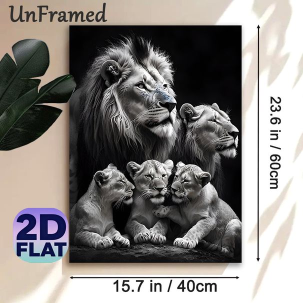 Lion Family Painting Poster, Monochrome Realistic Lion Group Portrait Poster, Warm Wild-themed Decor Ideal For Living Room, Office_maomaolike.com