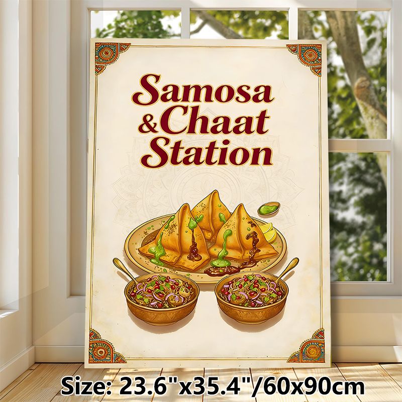 Samosa & Chaat Themed Painting Poster, Vibrant Vintage Indian Culinary Art Poster, Authentic Eye-catching Snack Design, Ideal For Restaurant, Kitchen_maomaolike.com