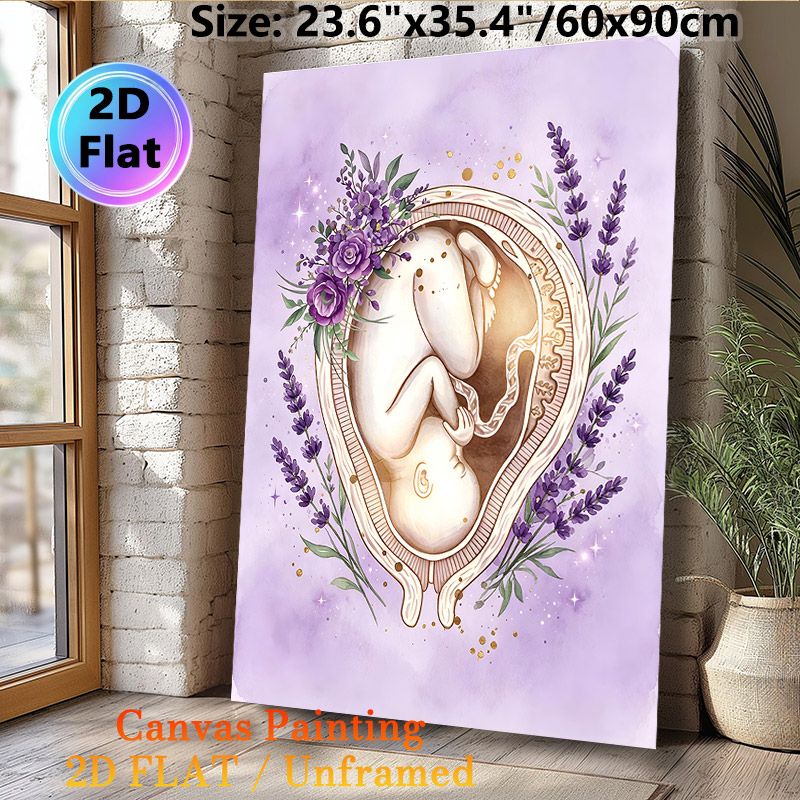 Fetus & Floral Themed Painting Poster, Soft Watercolor Style Poster, Delicate Fetus In Heart-shaped Frame Surrounded By Purple Lavender And Roses_maomaolike.com
