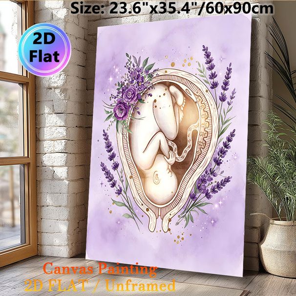 Fetus & Floral Themed Painting Poster, Soft Watercolor Style Poster, Delicate Fetus In Heart-shaped Frame Surrounded By Purple Lavender And Roses_maomaolike.com