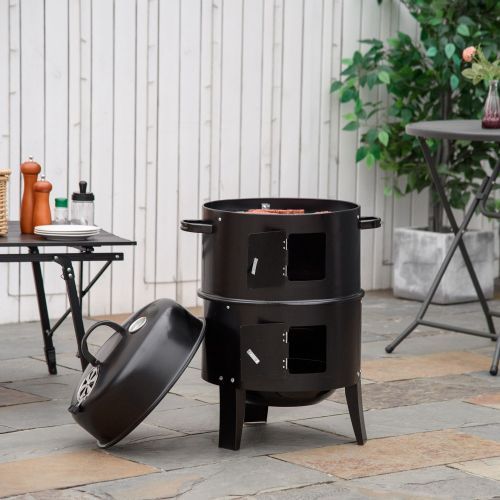 Outsunny Vertical Charcoal BBQ Smoker, 3-in-1 16" Round Charcoal Barbecue Grill With 2 Cooking Area, And Thermometer For Outdoor Camping Picnic Backyard Cooking, Black_maomaolike.com